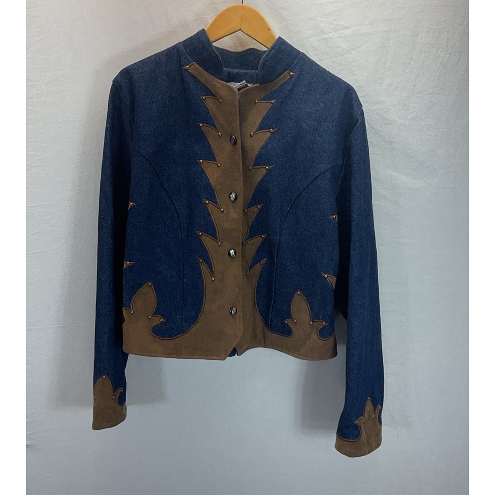 VTG Back At The Ranch Denim‎ Blazer leather embellished Jacket westernwear XL